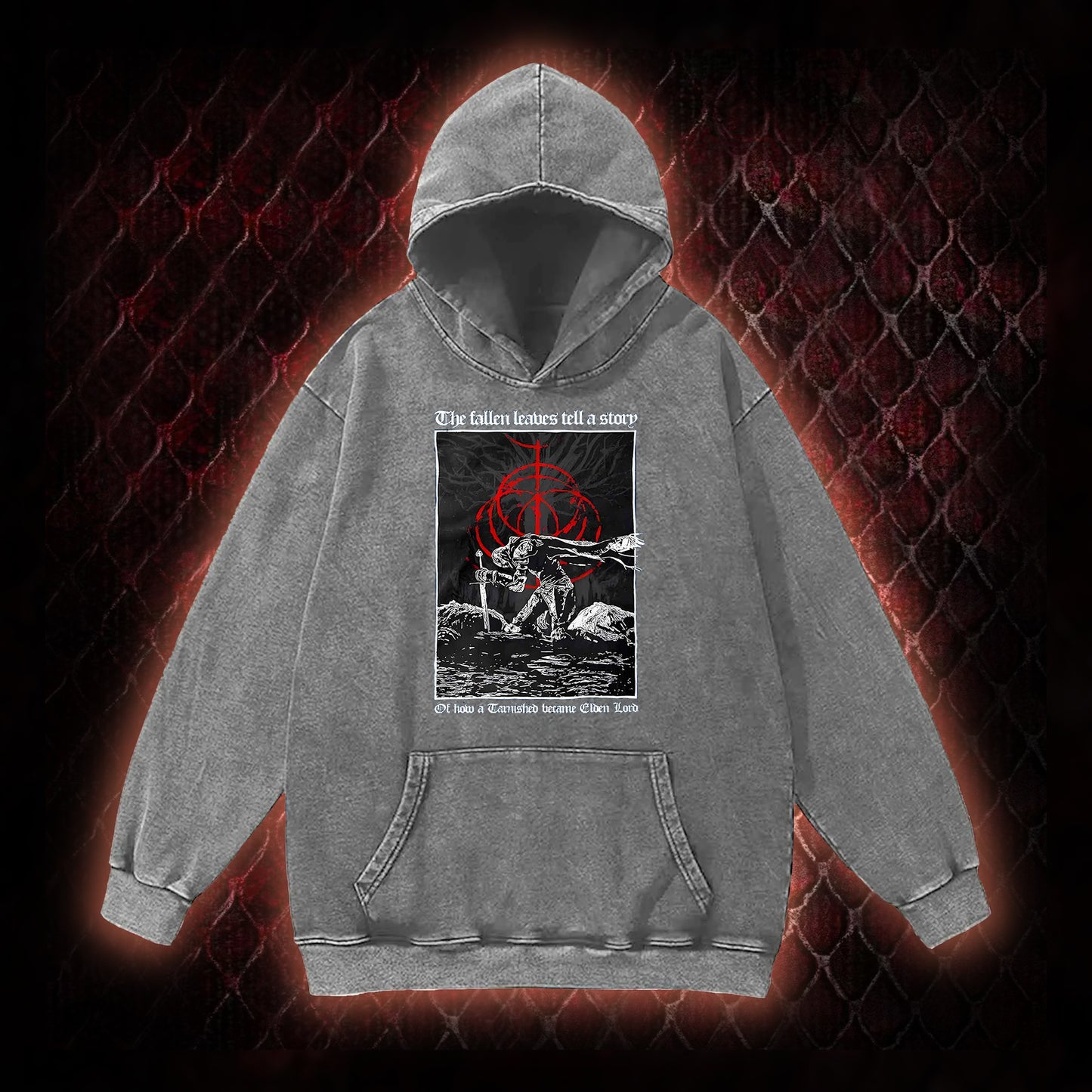 Elden Ring 'The Fallen Leaves Tell a Story' Tarnished to Elden Lord Graphic Vintage-Hoodie - FromSoftware RPG Tribute Piece