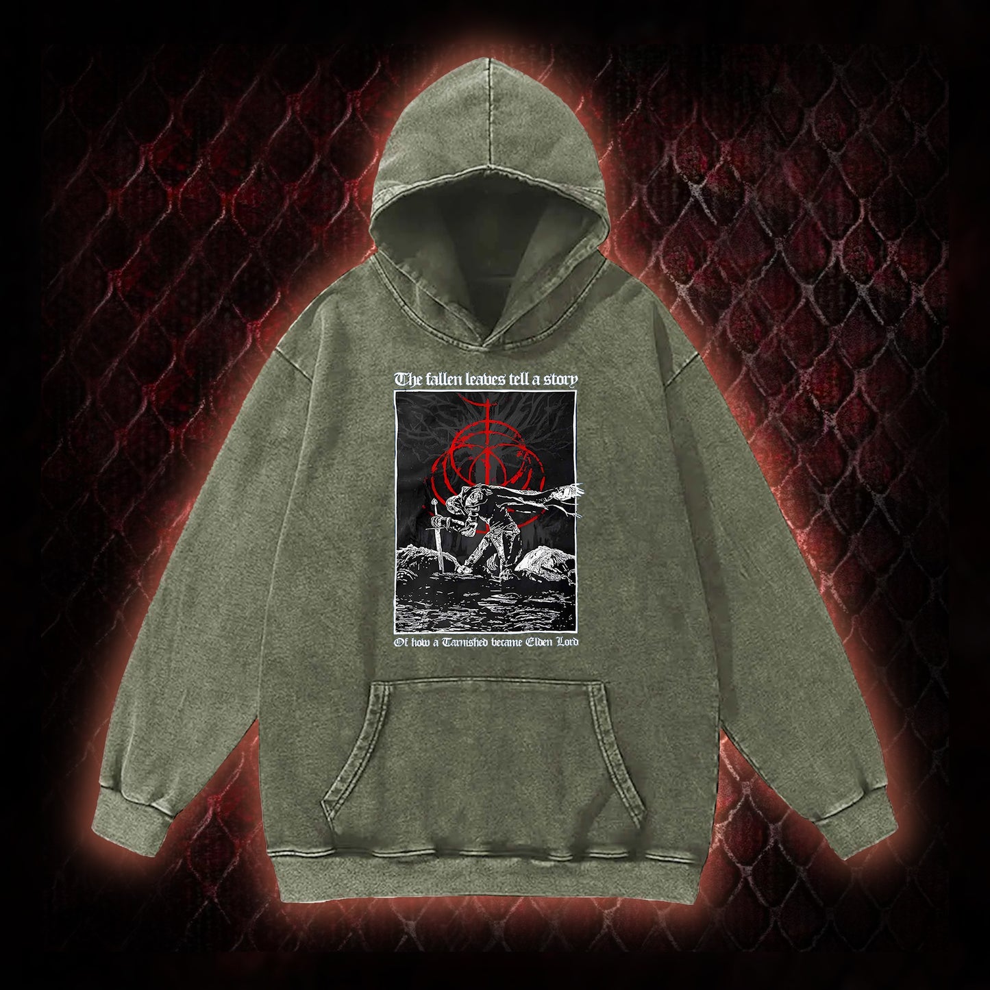 Elden Ring 'The Fallen Leaves Tell a Story' Tarnished to Elden Lord Graphic Vintage-Hoodie - FromSoftware RPG Tribute Piece