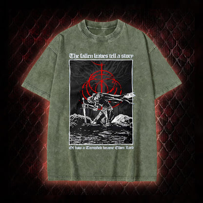 Elden Ring 'The Fallen Leaves Tell a Story' Tarnished to Elden Lord Graphic Vintage-T-Shirt - FromSoftware RPG Tribute Piece