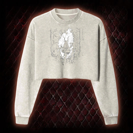 Gothic Forest Ritual Graphic Cropped Long-Sleeved  - Dark Aesthetic Essential for Casual & Themed Wear