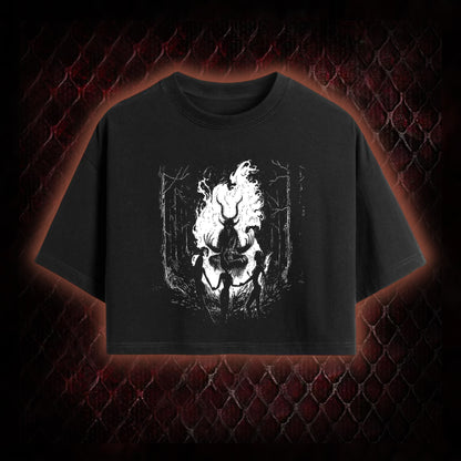 Gothic Forest Ritual Graphic Cropped T-shirt  - Dark Aesthetic Essential for Casual & Themed Wear