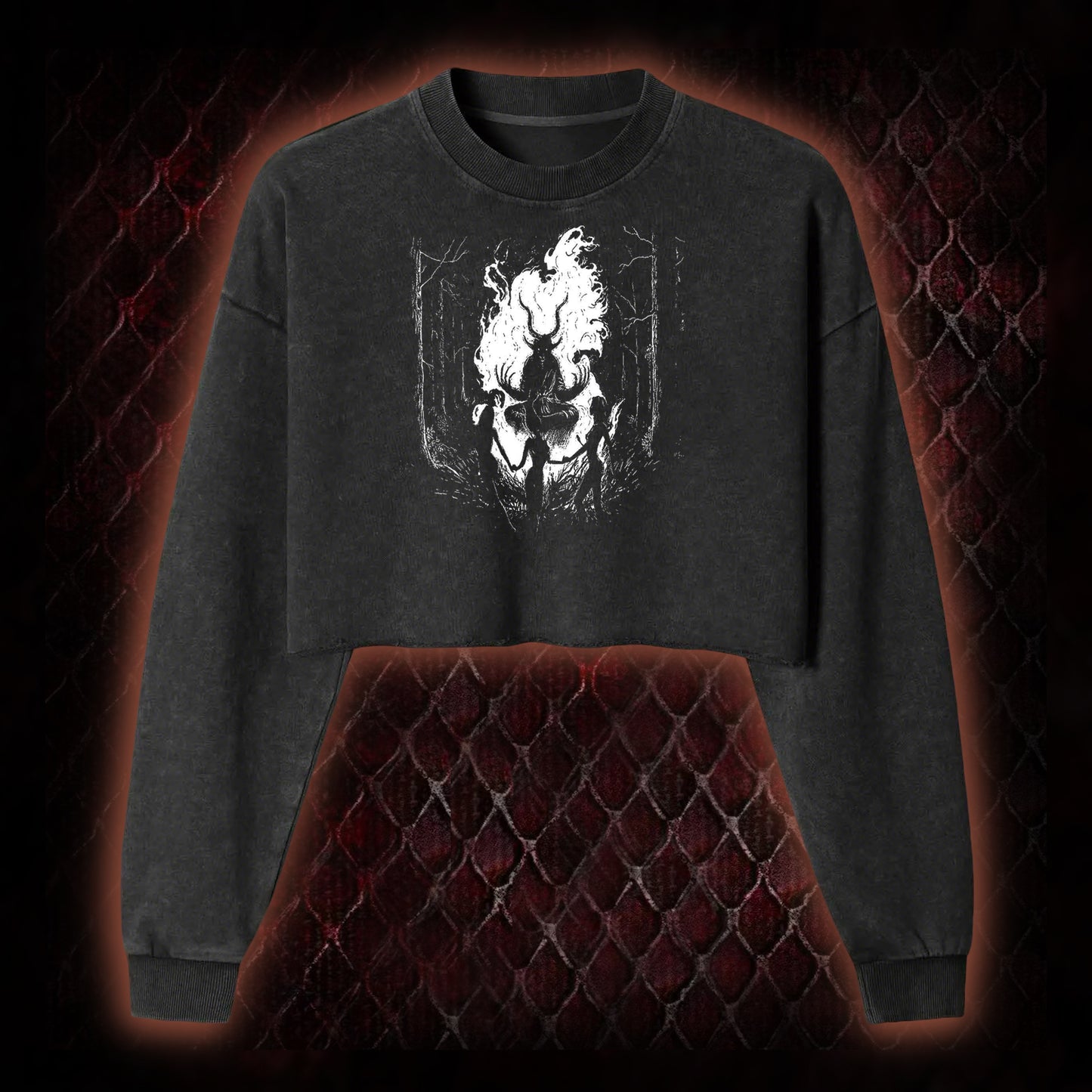 Gothic Forest Ritual Graphic Cropped Long-Sleeved  - Dark Aesthetic Essential for Casual & Themed Wear