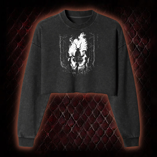 Gothic Forest Ritual Graphic Cropped Long-Sleeved  - Dark Aesthetic Essential for Casual & Themed Wear