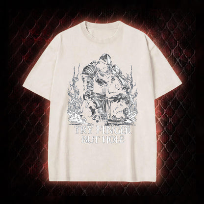 Elden Ring 'Try Finger But Hole' Fia Meme Graphic Vintage-T-Shirt - FromSoftware RPG Fan Humor Piece