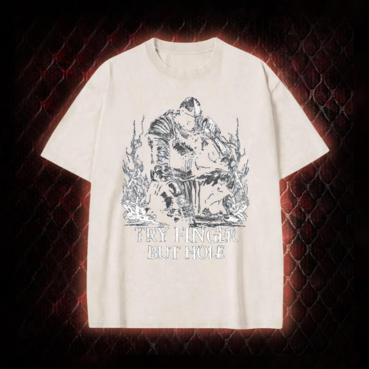 Elden Ring 'Try Finger But Hole' Fia Meme Graphic Vintage-T-Shirt - FromSoftware RPG Fan Humor Piece