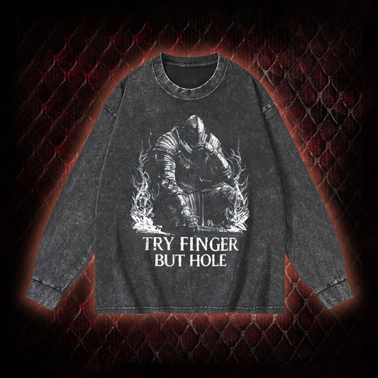 Elden Ring 'Try Finger But Hole' Fia Meme Graphic Vintage-Sweatshirt  - FromSoftware RPG Fan Humor Piece