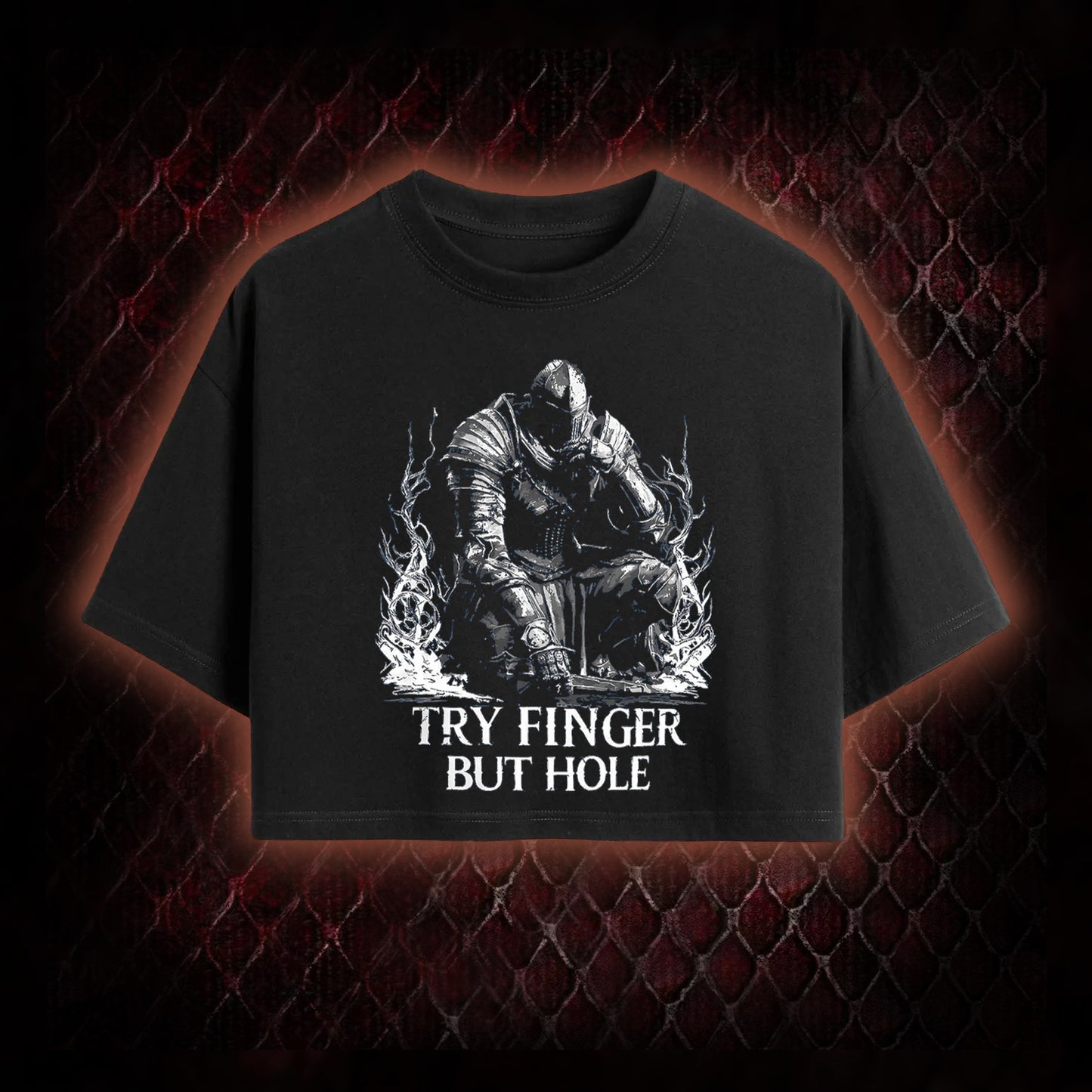 Elden Ring 'Try Finger But Hole' Fia Meme Graphic Cropped T-shirt  - FromSoftware RPG Fan Humor Piece