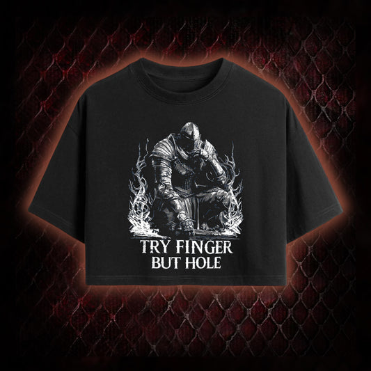 Elden Ring 'Try Finger But Hole' Fia Meme Graphic Cropped T-shirt  - FromSoftware RPG Fan Humor Piece