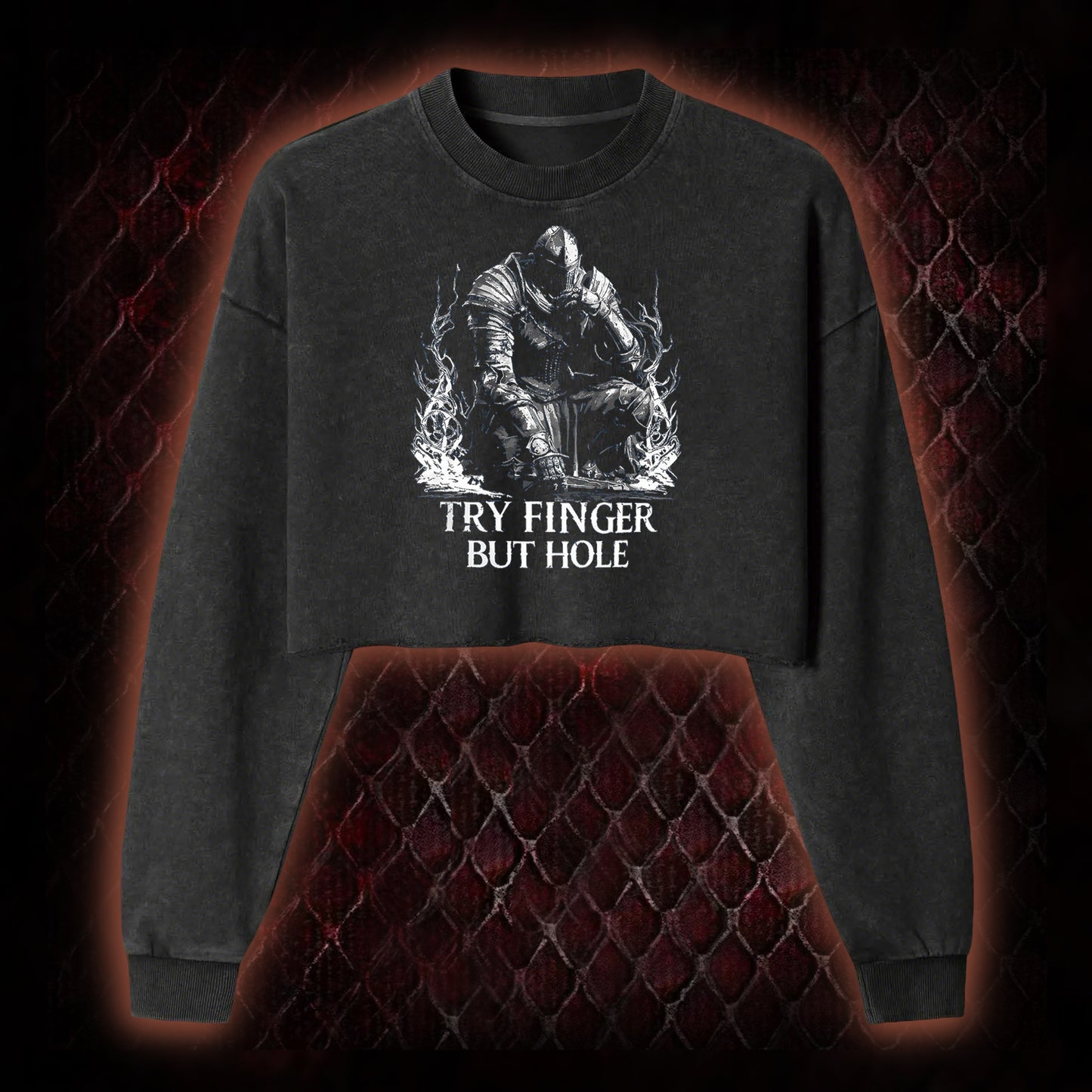 Elden Ring 'Try Finger But Hole' Fia Meme Graphic Cropped Long-Sleeved  - FromSoftware RPG Fan Humor Piece