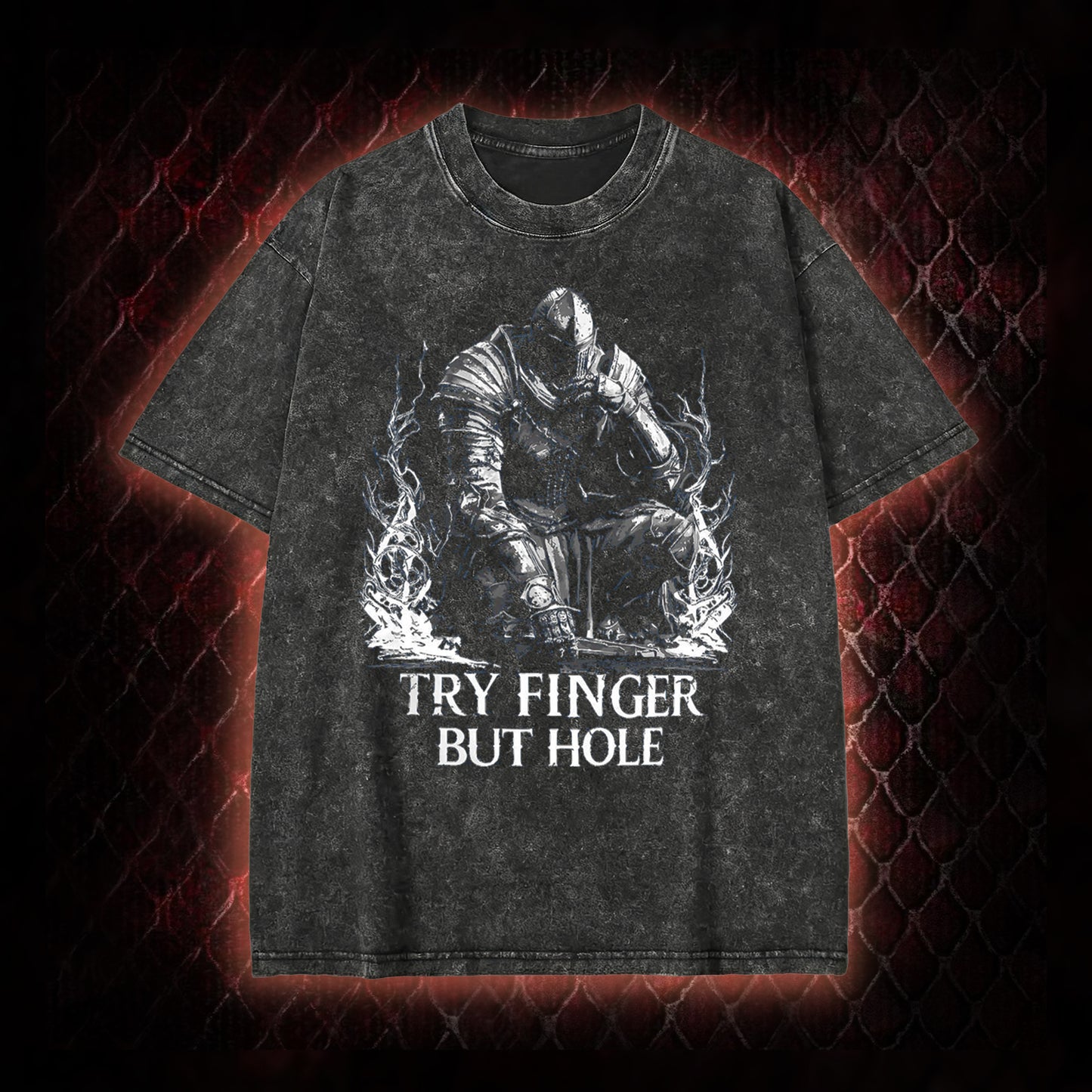 Elden Ring 'Try Finger But Hole' Fia Meme Graphic Vintage-T-Shirt - FromSoftware RPG Fan Humor Piece