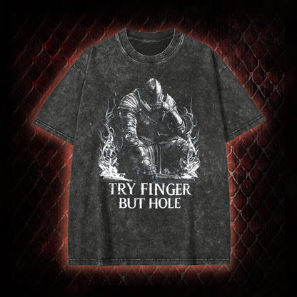 Elden Ring 'Try Finger But Hole' Fia Meme Graphic Vintage-T-Shirt - FromSoftware RPG Fan Humor Piece