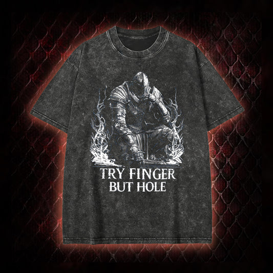 Elden Ring 'Try Finger But Hole' Fia Meme Graphic Vintage-T-Shirt - FromSoftware RPG Fan Humor Piece