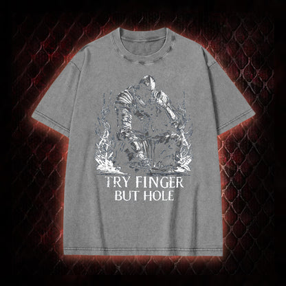 Elden Ring 'Try Finger But Hole' Fia Meme Graphic Vintage-T-Shirt - FromSoftware RPG Fan Humor Piece