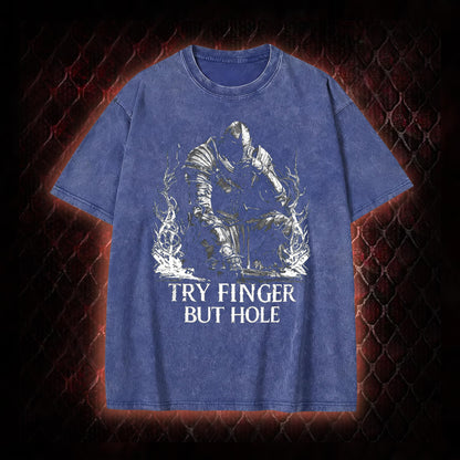 Elden Ring 'Try Finger But Hole' Fia Meme Graphic Vintage-T-Shirt - FromSoftware RPG Fan Humor Piece