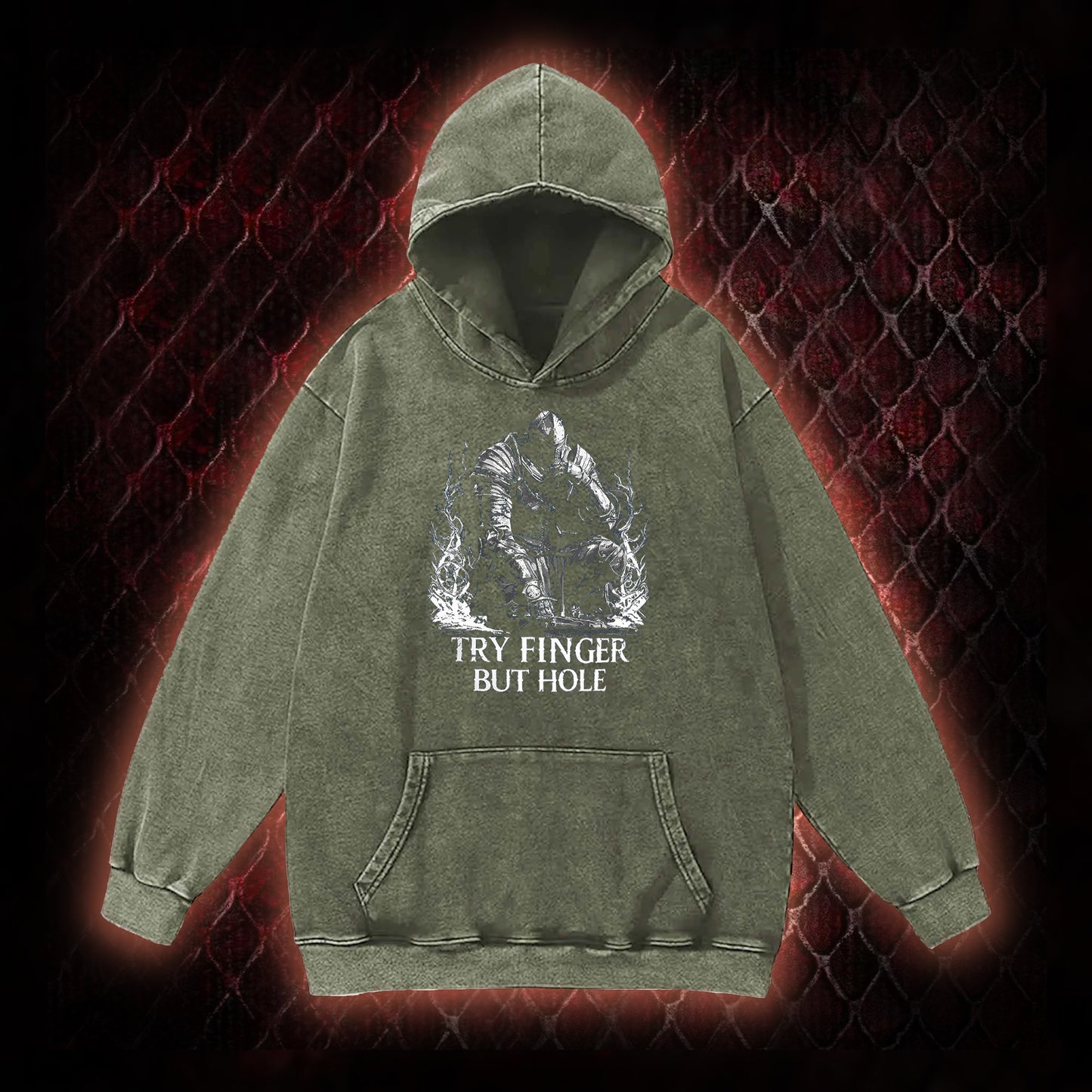 Elden Ring 'Try Finger But Hole' Fia Meme Graphic Vintage-Hoodie - FromSoftware RPG Fan Humor Piece