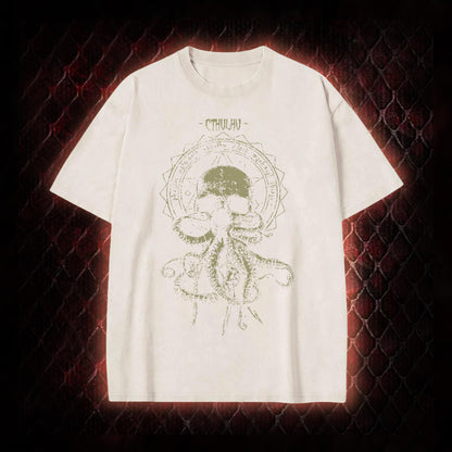 Cthulhu Mythos Skull-Tentacle Occult Vintage Washed T-shirt