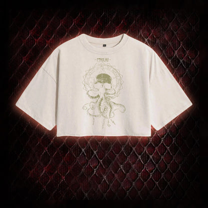 Cthulhu Mythos Skull-Tentacle Occult Washed Cropped T-shirt