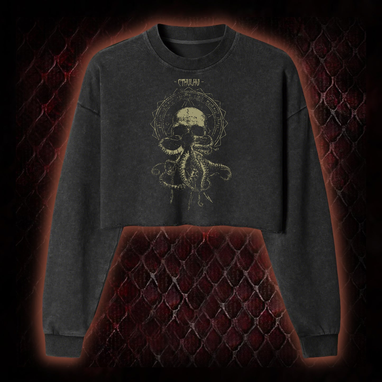 Cthulhu Mythos Skull-Tentacle Occult Washed Cropped Sweatshirt