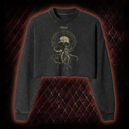 Cthulhu Mythos Skull-Tentacle Occult Washed Cropped Sweatshirt