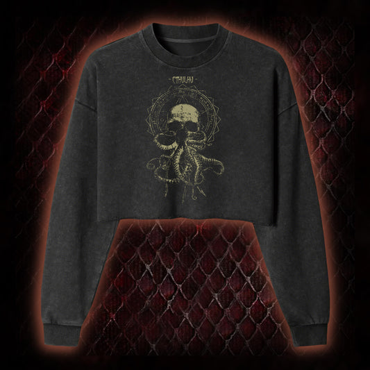 Cthulhu Mythos Skull-Tentacle Occult Washed Cropped Sweatshirt