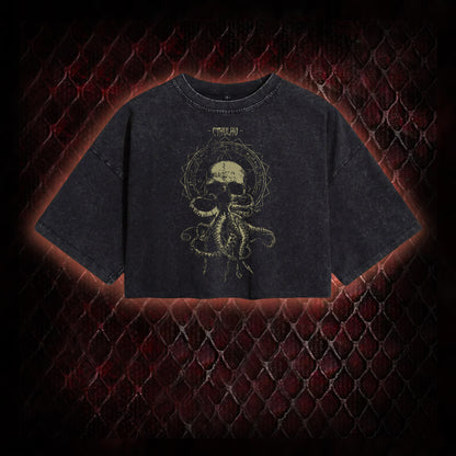Cthulhu Mythos Skull-Tentacle Occult Washed Cropped T-shirt