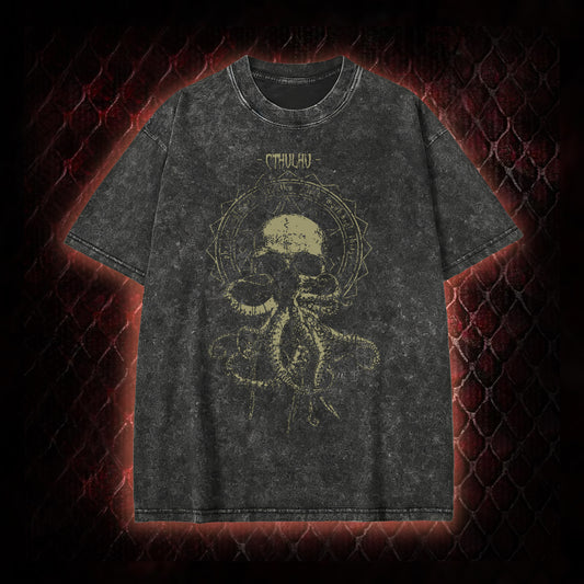 Cthulhu Mythos Skull-Tentacle Occult Vintage Washed T-shirt