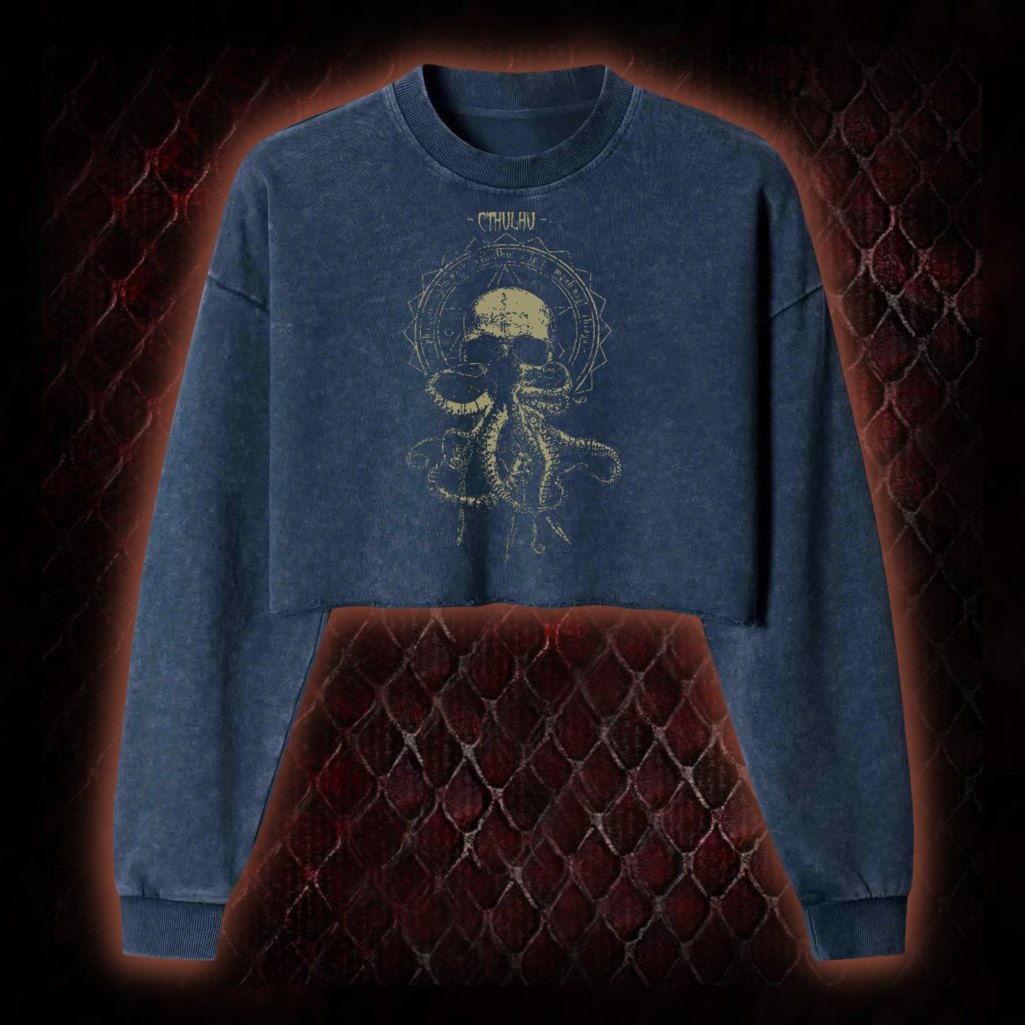 Cthulhu Mythos Skull-Tentacle Occult Washed Cropped Sweatshirt