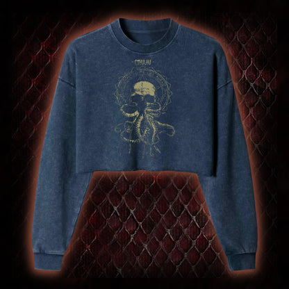 Cthulhu Mythos Skull-Tentacle Occult Washed Cropped Sweatshirt