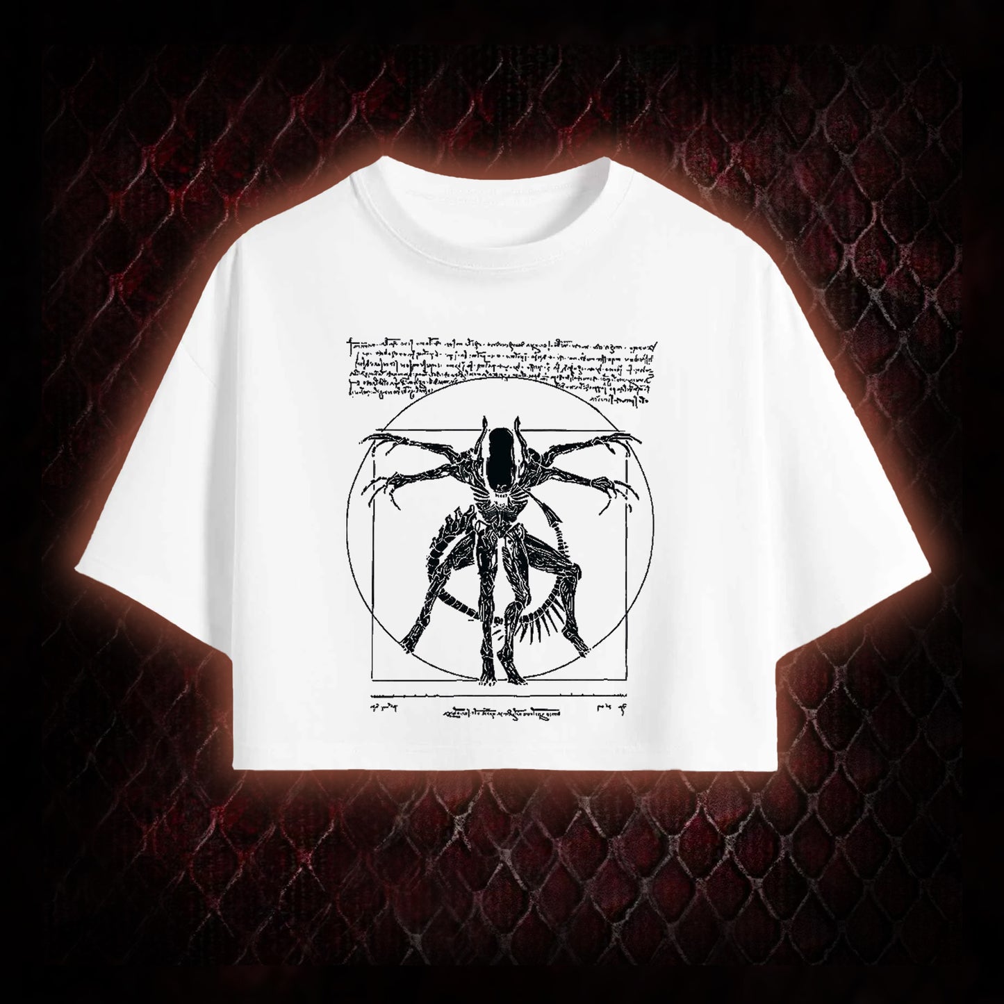 Black Alien Vitruvian Creature Graphic Cropped T-shirt  - Sci-Fi Horror Icon Tribute Piece