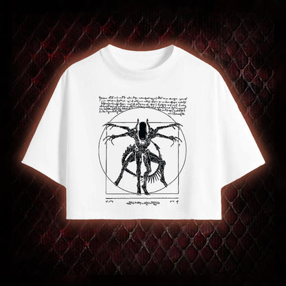 Black Alien Vitruvian Creature Graphic Cropped T-shirt  - Sci-Fi Horror Icon Tribute Piece