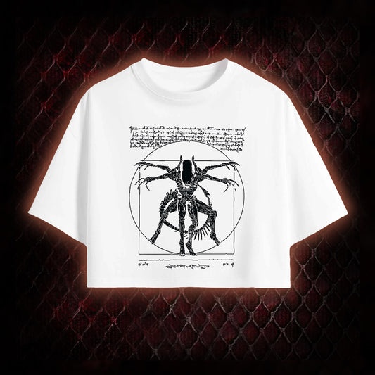 Black Alien Vitruvian Creature Graphic Cropped T-shirt  - Sci-Fi Horror Icon Tribute Piece
