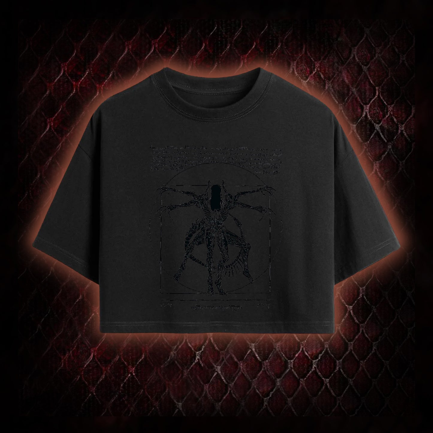 Black Alien Vitruvian Creature Graphic Cropped T-shirt  - Sci-Fi Horror Icon Tribute Piece