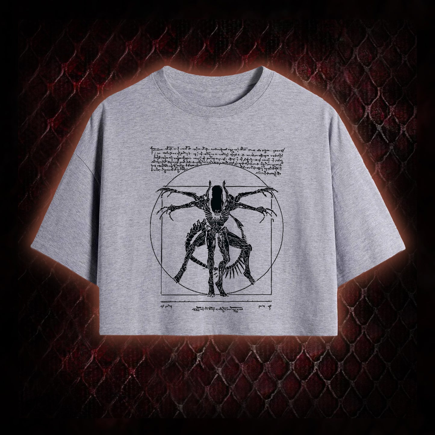 Black Alien Vitruvian Creature Graphic Cropped T-shirt  - Sci-Fi Horror Icon Tribute Piece