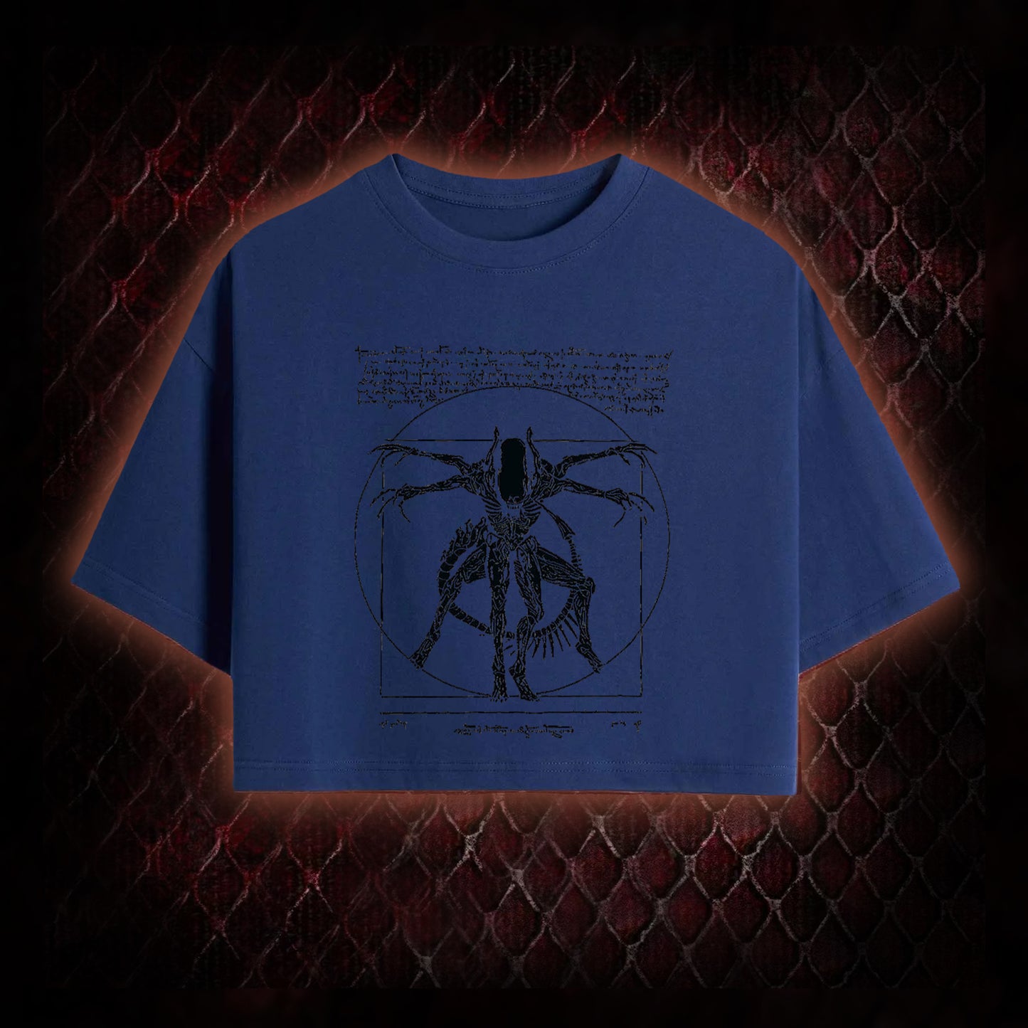 Black Alien Vitruvian Creature Graphic Cropped T-shirt  - Sci-Fi Horror Icon Tribute Piece
