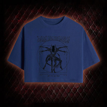 Black Alien Vitruvian Creature Graphic Cropped T-shirt  - Sci-Fi Horror Icon Tribute Piece