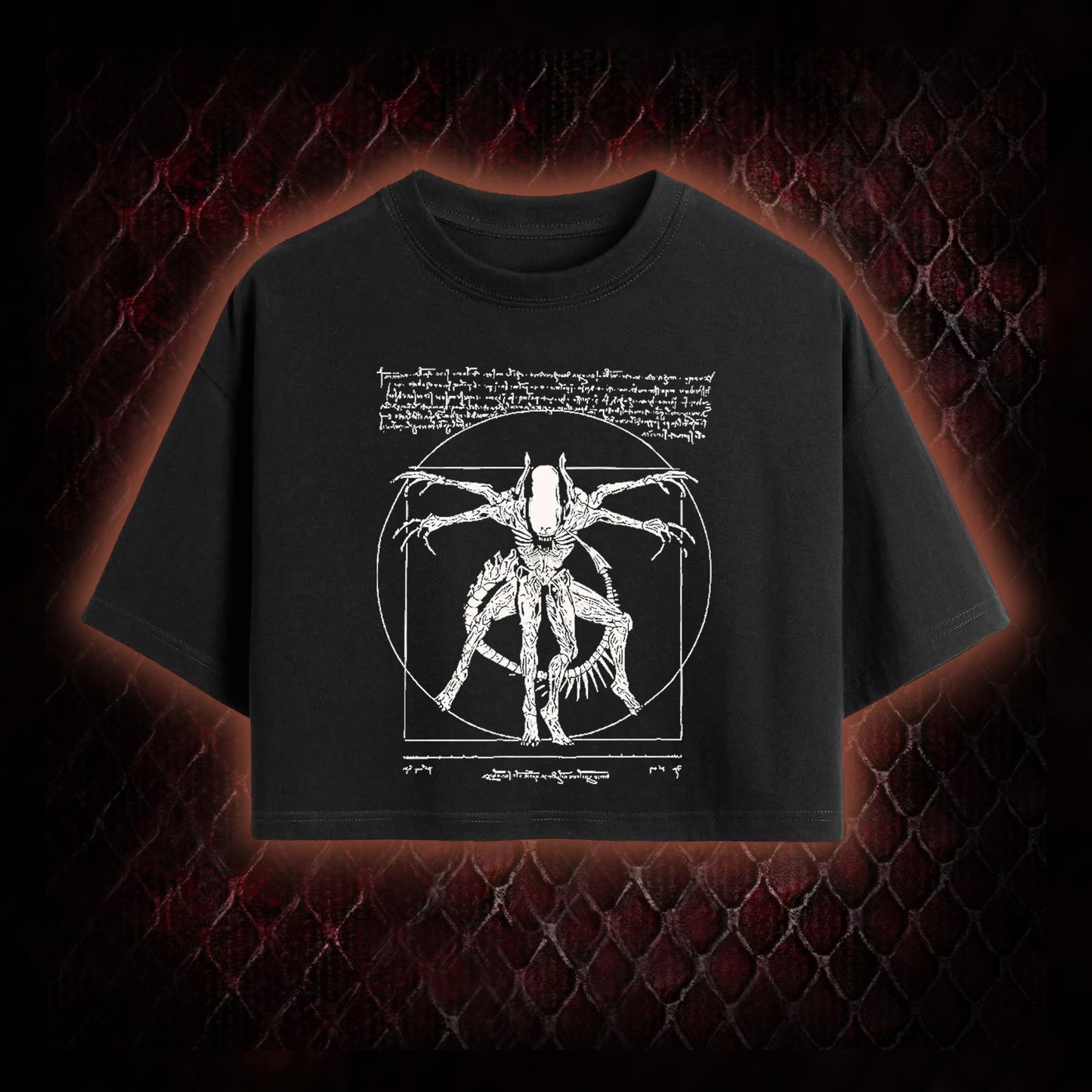 White Alien Vitruvian Creature Graphic Cropped T-shirt  - Sci-Fi Horror Icon Tribute Piece