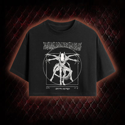 White Alien Vitruvian Creature Graphic Cropped T-shirt  - Sci-Fi Horror Icon Tribute Piece