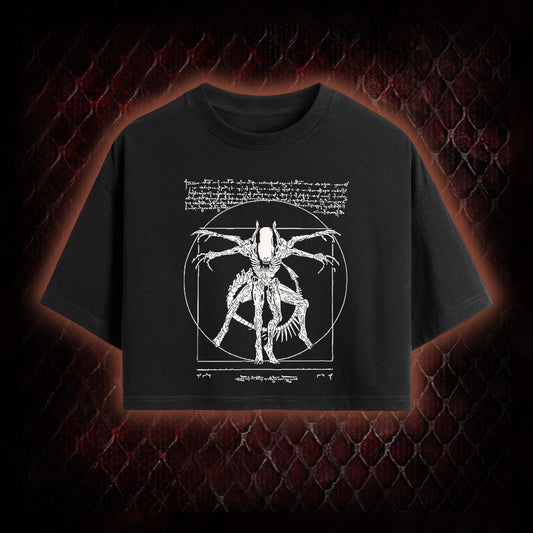 White Alien Vitruvian Creature Graphic Cropped T-shirt  - Sci-Fi Horror Icon Tribute Piece