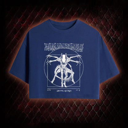 White Alien Vitruvian Creature Graphic Cropped T-shirt  - Sci-Fi Horror Icon Tribute Piece