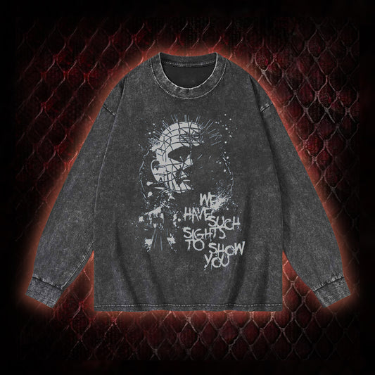 Hellraiser Pinhead 'We Have Such Sights To Show You' Graphic Vintage-Sweatshirt  - Cult Horror Icon Tribute Piece