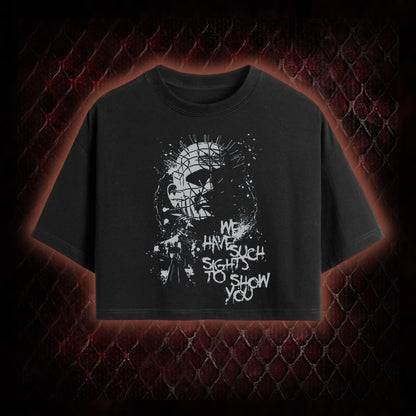 Hellraiser Pinhead 'We Have Such Sights To Show You' Graphic Cropped T-shirt  - Cult Horror Icon Tribute Piece