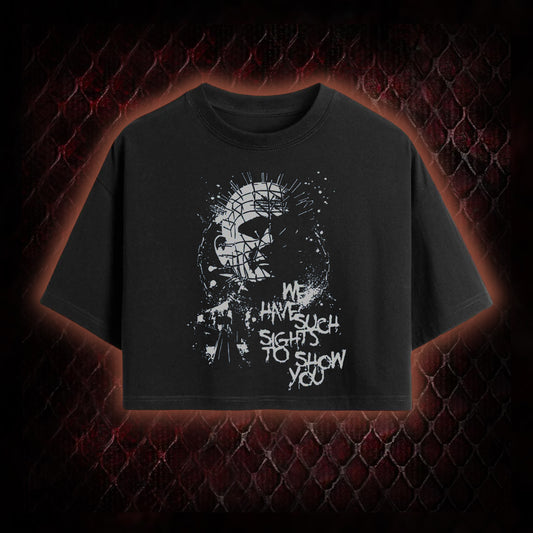 Hellraiser Pinhead 'We Have Such Sights To Show You' Graphic Cropped T-shirt  - Cult Horror Icon Tribute Piece