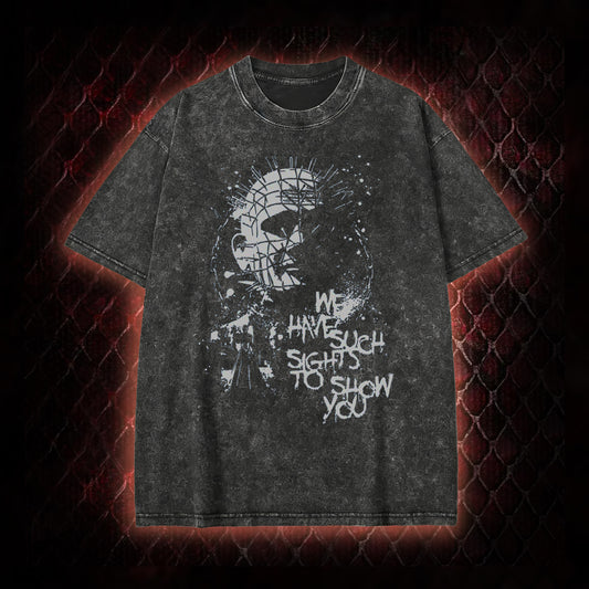 Hellraiser Pinhead 'We Have Such Sights To Show You' Graphic Vintage-T-Shirt - Cult Horror Icon Tribute Piece