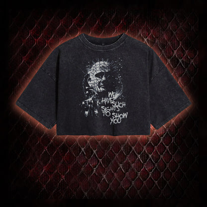 Hellraiser Pinhead 'We Have Such Sights To Show You' Graphic Vintage-Cropped T-shirt  - Cult Horror Icon Tribute Piece