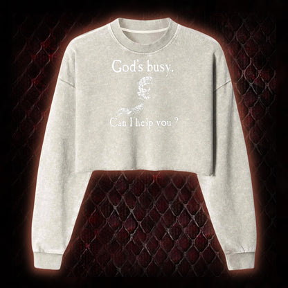 Hellraiser Pinhead 'God's Busy. Can I Help You?' Graphic Cropped Long-Sleeved  - Cult Horror Dark Humor Statement Piece