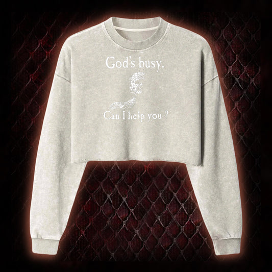 Hellraiser Pinhead 'God's Busy. Can I Help You?' Graphic Cropped Long-Sleeved  - Cult Horror Dark Humor Statement Piece