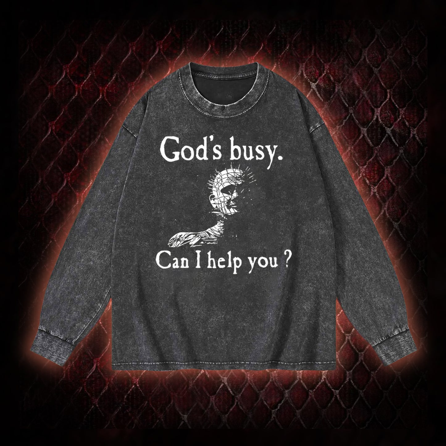 Hellraiser Pinhead 'God's Busy. Can I Help You?' Graphic Vintage-Sweatshirt  - Cult Horror Dark Humor Statement Piece