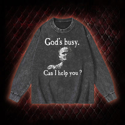 Hellraiser Pinhead 'God's Busy. Can I Help You?' Graphic Vintage-Sweatshirt  - Cult Horror Dark Humor Statement Piece