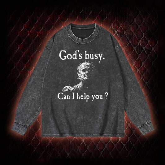 Hellraiser Pinhead 'God's Busy. Can I Help You?' Graphic Vintage-Sweatshirt  - Cult Horror Dark Humor Statement Piece