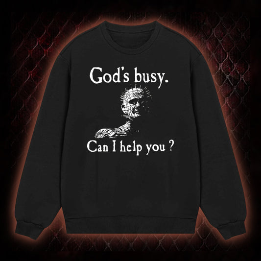 Hellraiser Pinhead 'God's Busy. Can I Help You?' Graphic Classic-Long-Sleeved - Cult Horror Dark Humor Statement Piece